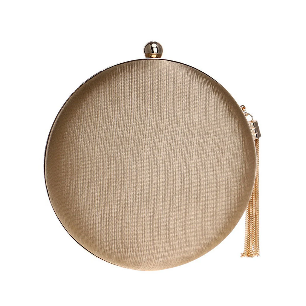 Glossy Fringe Trim Round Shape Braided Satin Mini Clutch Bag - Gold - Image 2