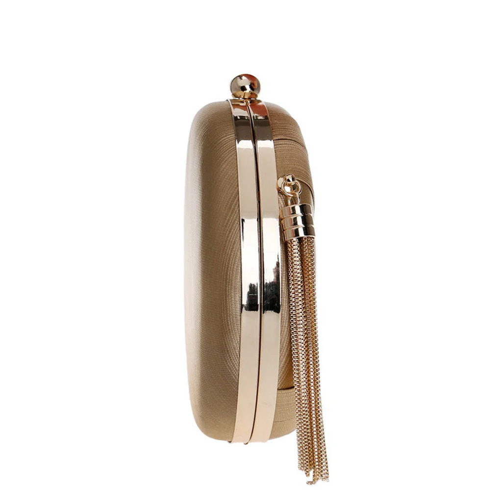 Glossy Fringe Trim Round Shape Braided Satin Mini Clutch Bag - Gold - Image 3