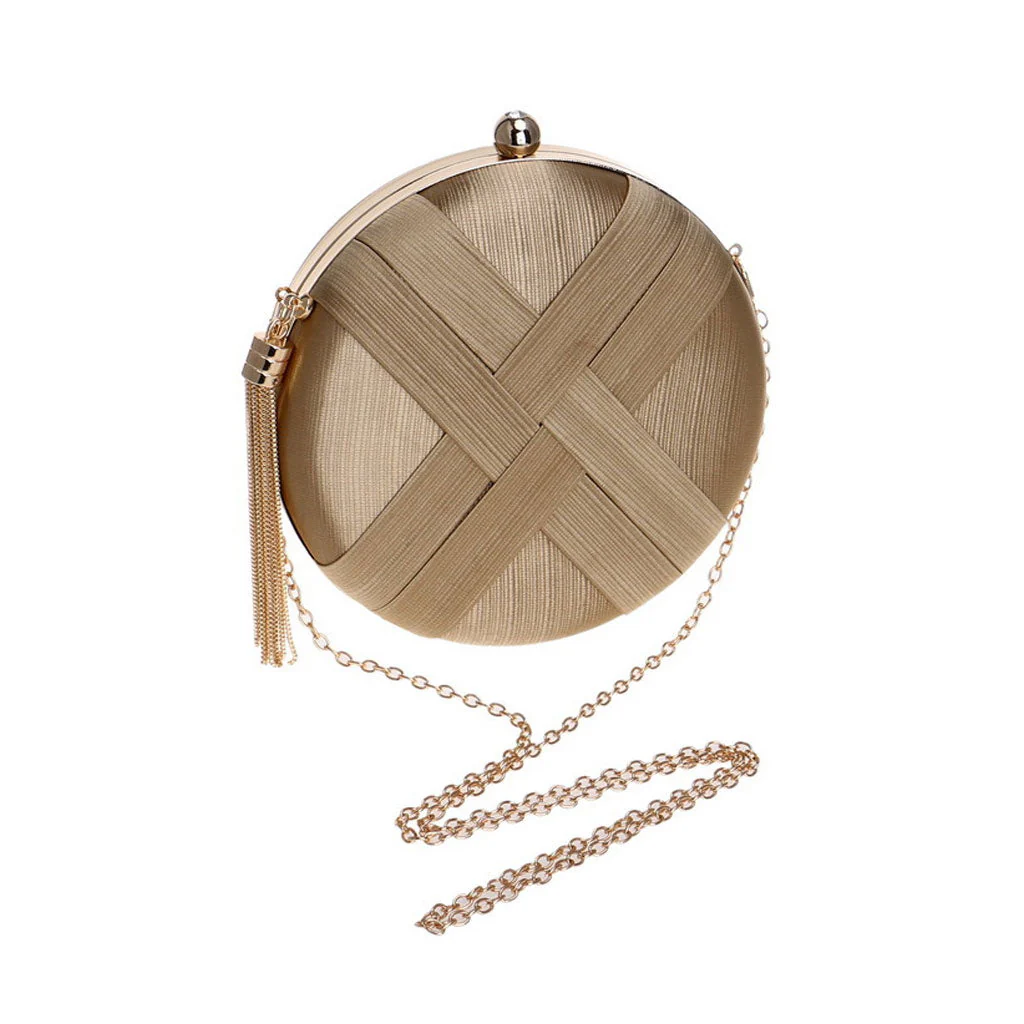 Glossy Fringe Trim Round Shape Braided Satin Mini Clutch Bag - Gold - Image 4