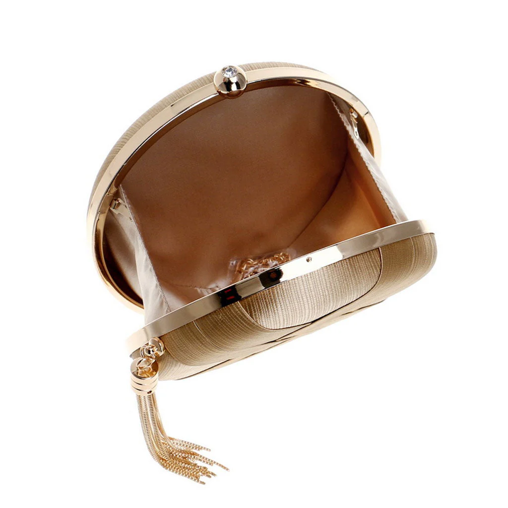 Glossy Fringe Trim Round Shape Braided Satin Mini Clutch Bag - Gold - Image 5
