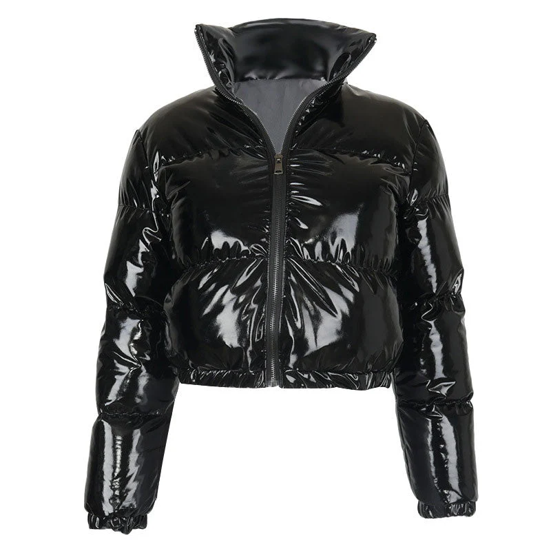 Glossy High Neck Long Sleeve Cropped Down Puffer Coat - Black - Image 3