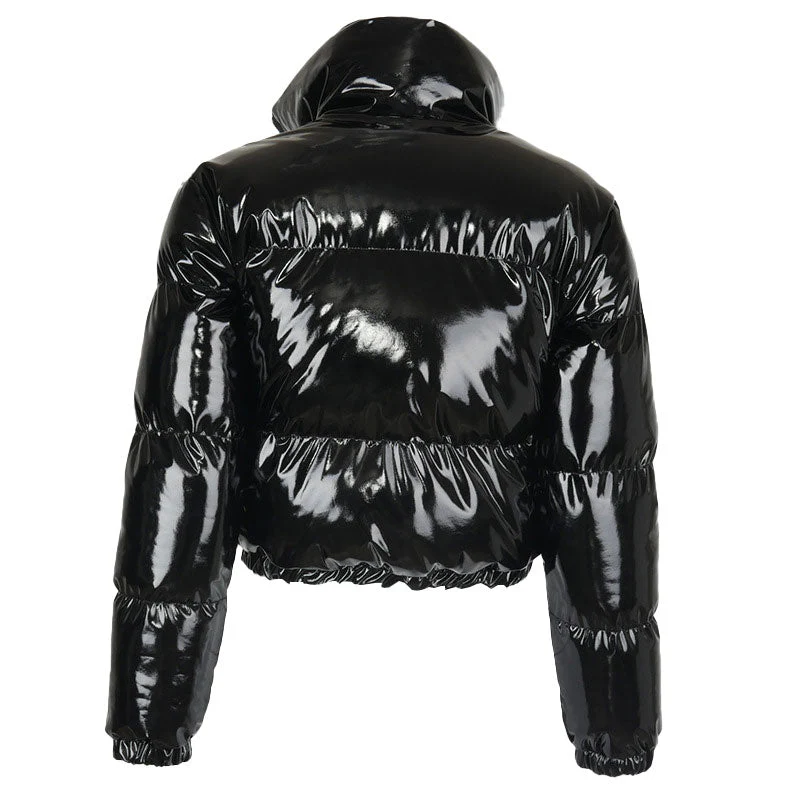 Glossy High Neck Long Sleeve Cropped Down Puffer Coat - Black - Image 4