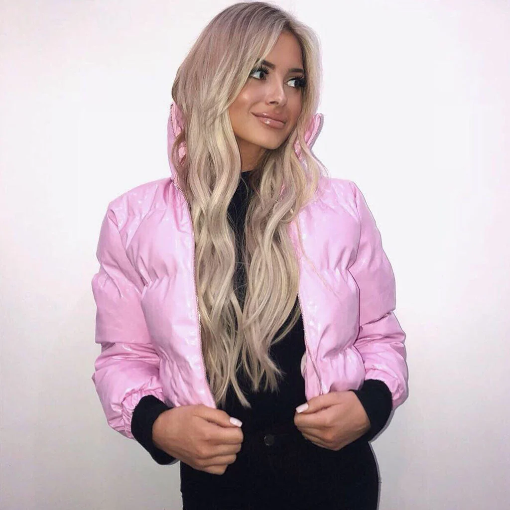 Glossy High Neck Long Sleeve Cropped Down Puffer Coat - Pink - Image 3