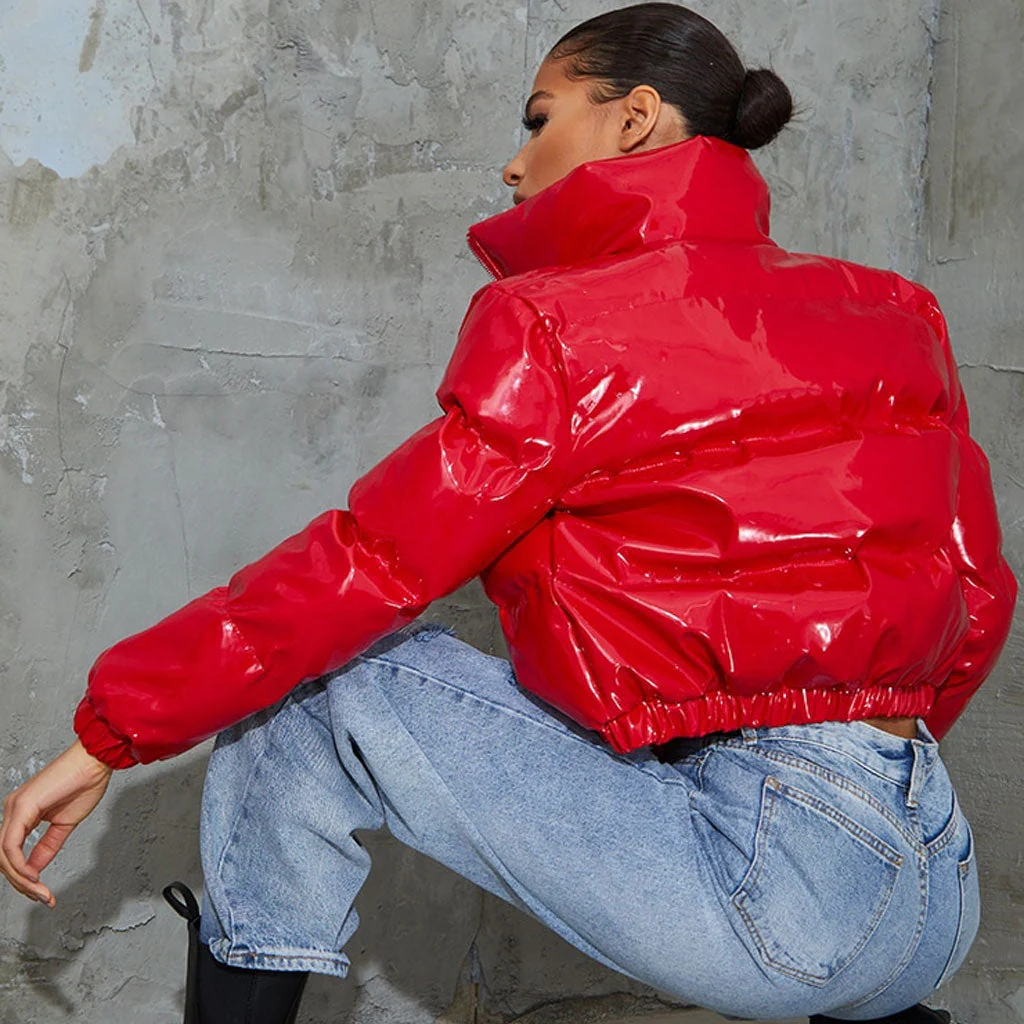 Glossy High Neck Long Sleeve Cropped Down Puffer Coat - Red - Image 2