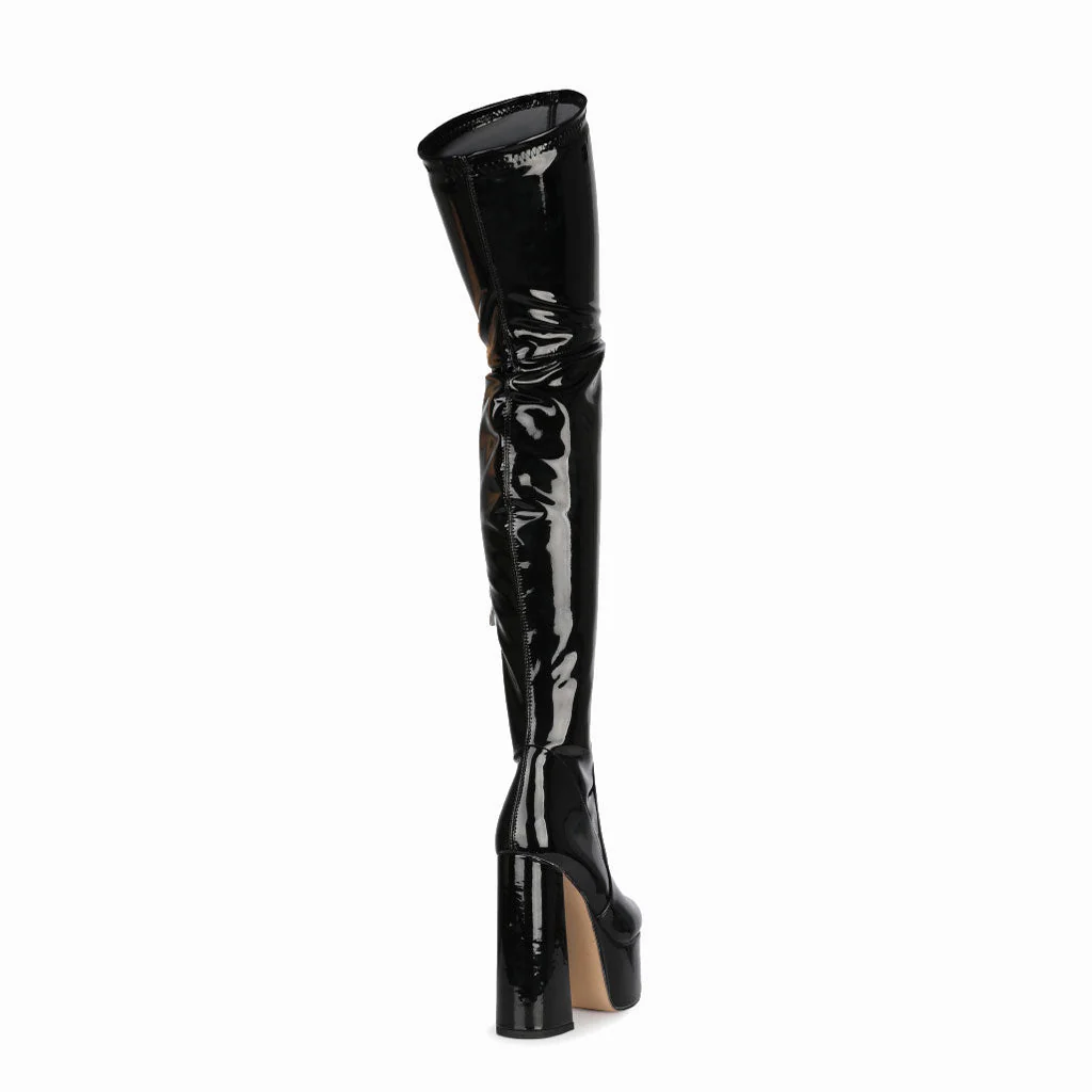 Glossy Patent Leather Over Knee Platform Block Heeled Boots - Black - Image 2