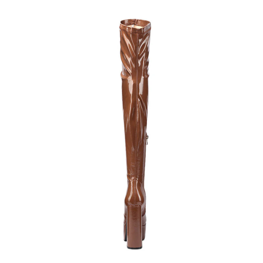 Glossy Patent Leather Over Knee Platform Block Heeled Boots - Caramel - Image 4