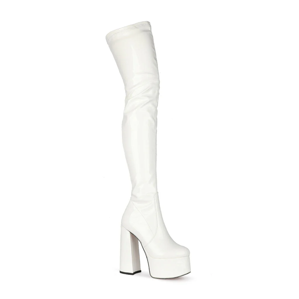 Glossy Patent Leather Over Knee Platform Block Heeled Boots - White - Image 2