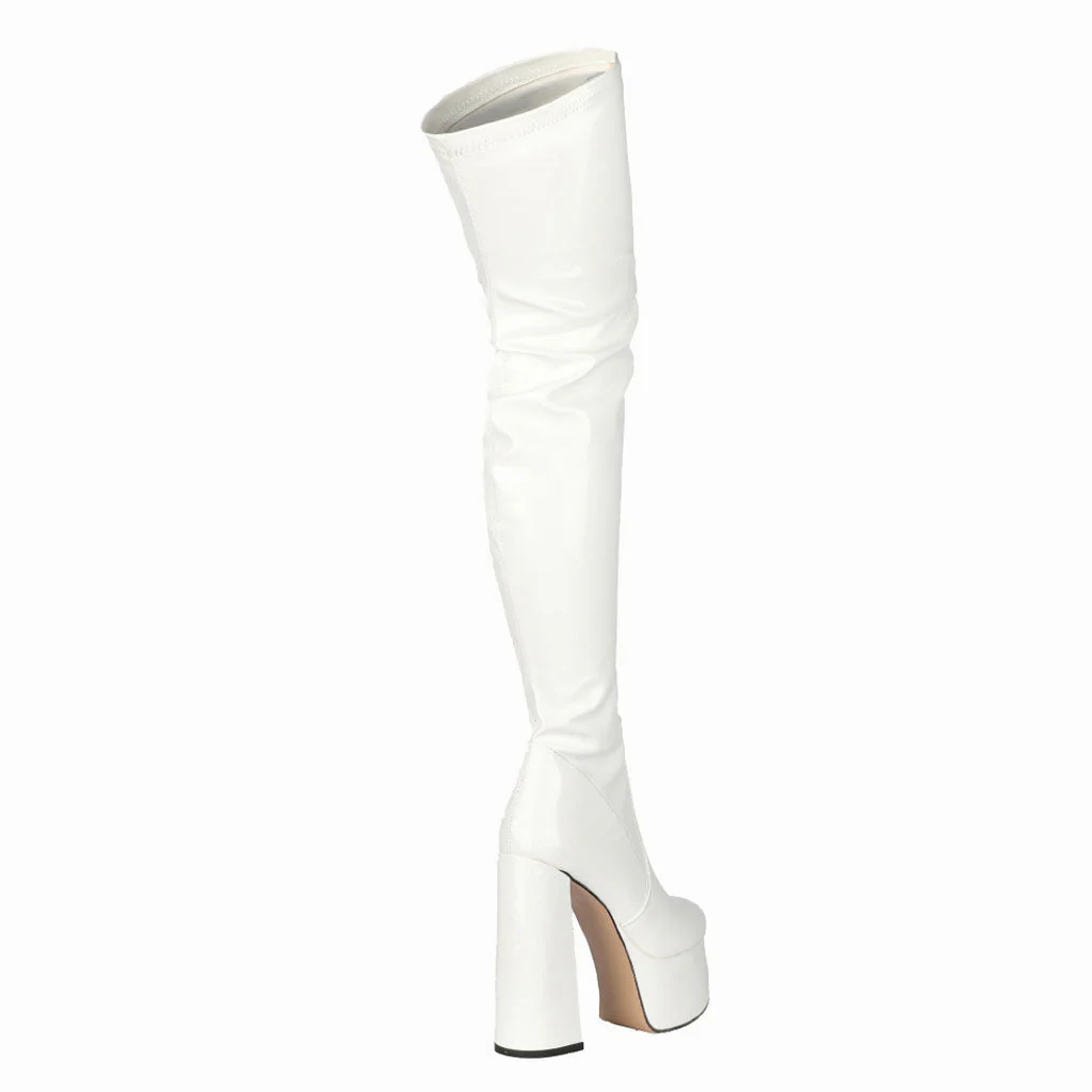 Glossy Patent Leather Over Knee Platform Block Heeled Boots - White - Image 3