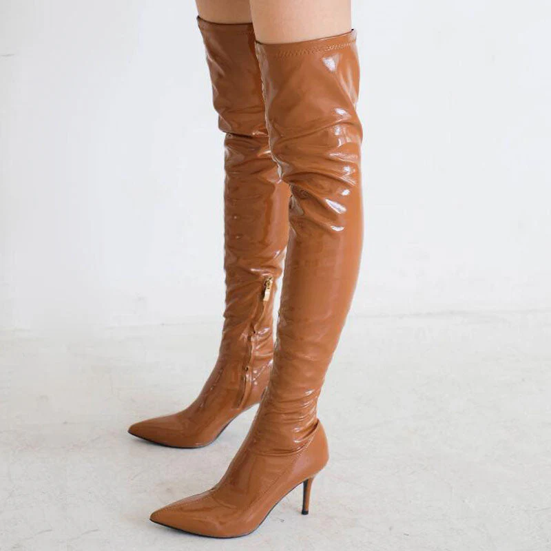 Glossy Patent Leather Over Knee Pointed Toe Stiletto Boots - Caramel - Image 2