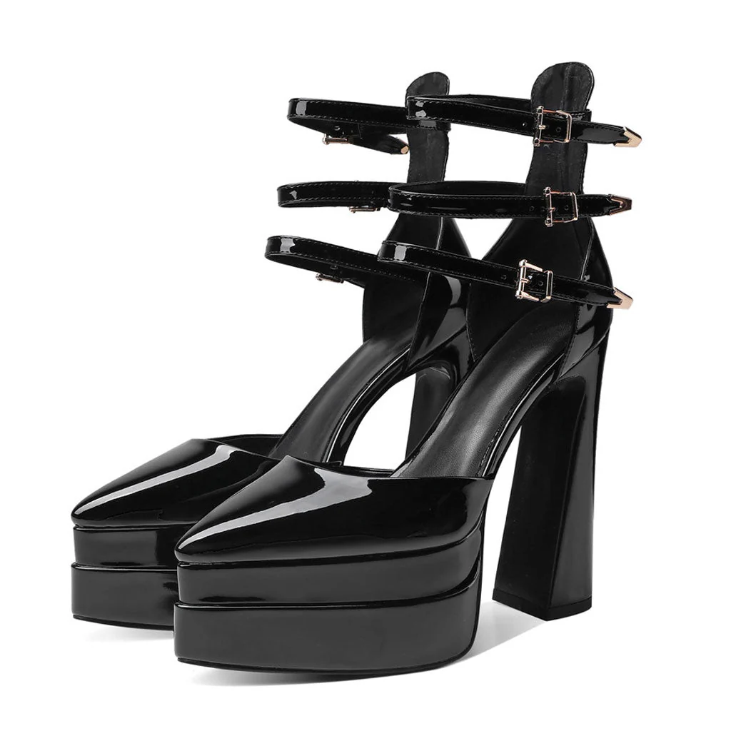 Glossy Pointed Toe Platform Block Heel Ankle Strap Pumps - Black - Image 3