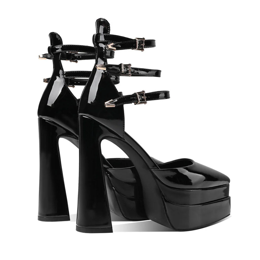 Glossy Pointed Toe Platform Block Heel Ankle Strap Pumps - Black - Image 4