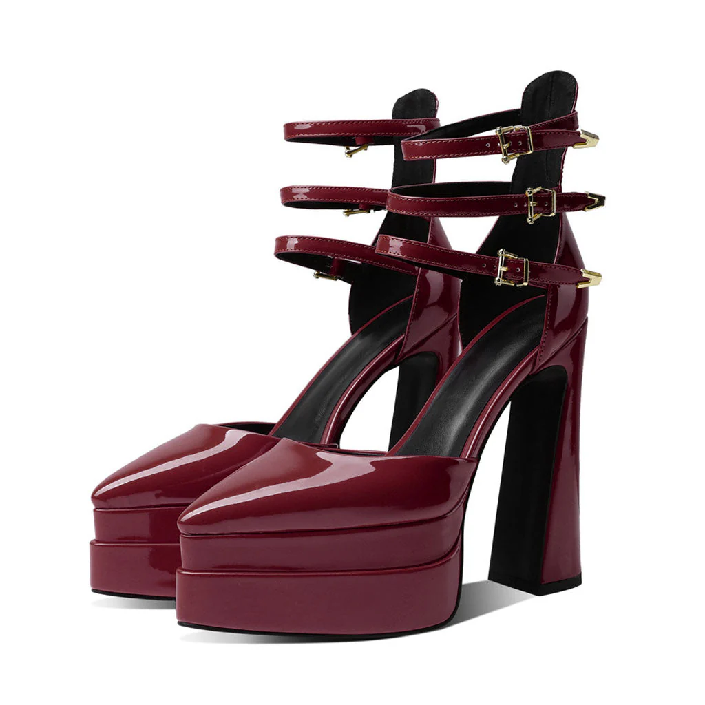 Glossy Pointed Toe Platform Block Heel Ankle Strap Pumps - Burgundy - Image 2