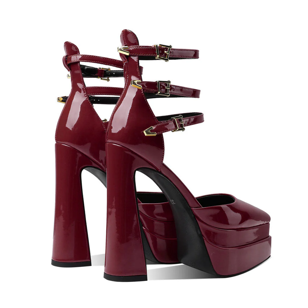 Glossy Pointed Toe Platform Block Heel Ankle Strap Pumps - Burgundy - Image 3
