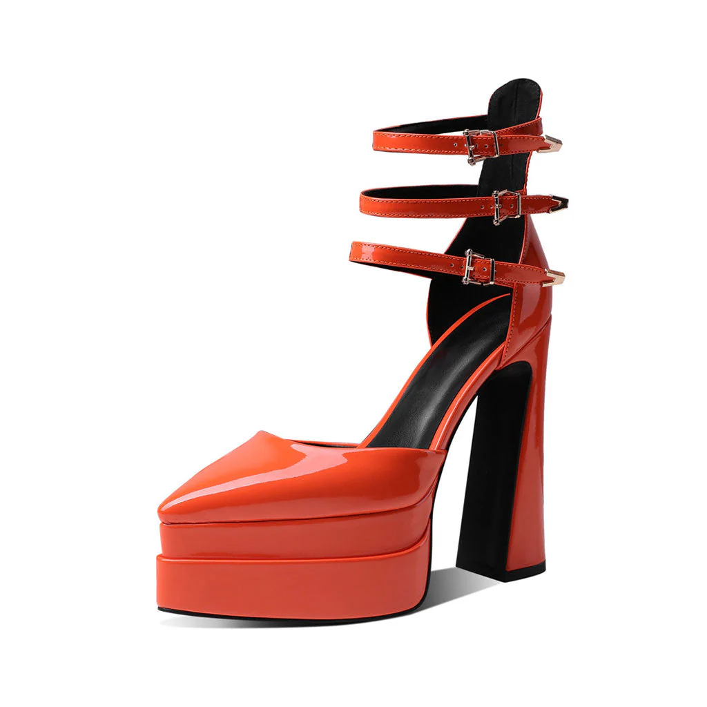 Glossy Pointed Toe Platform Block Heel Ankle Strap Pumps - Orange - Image 2