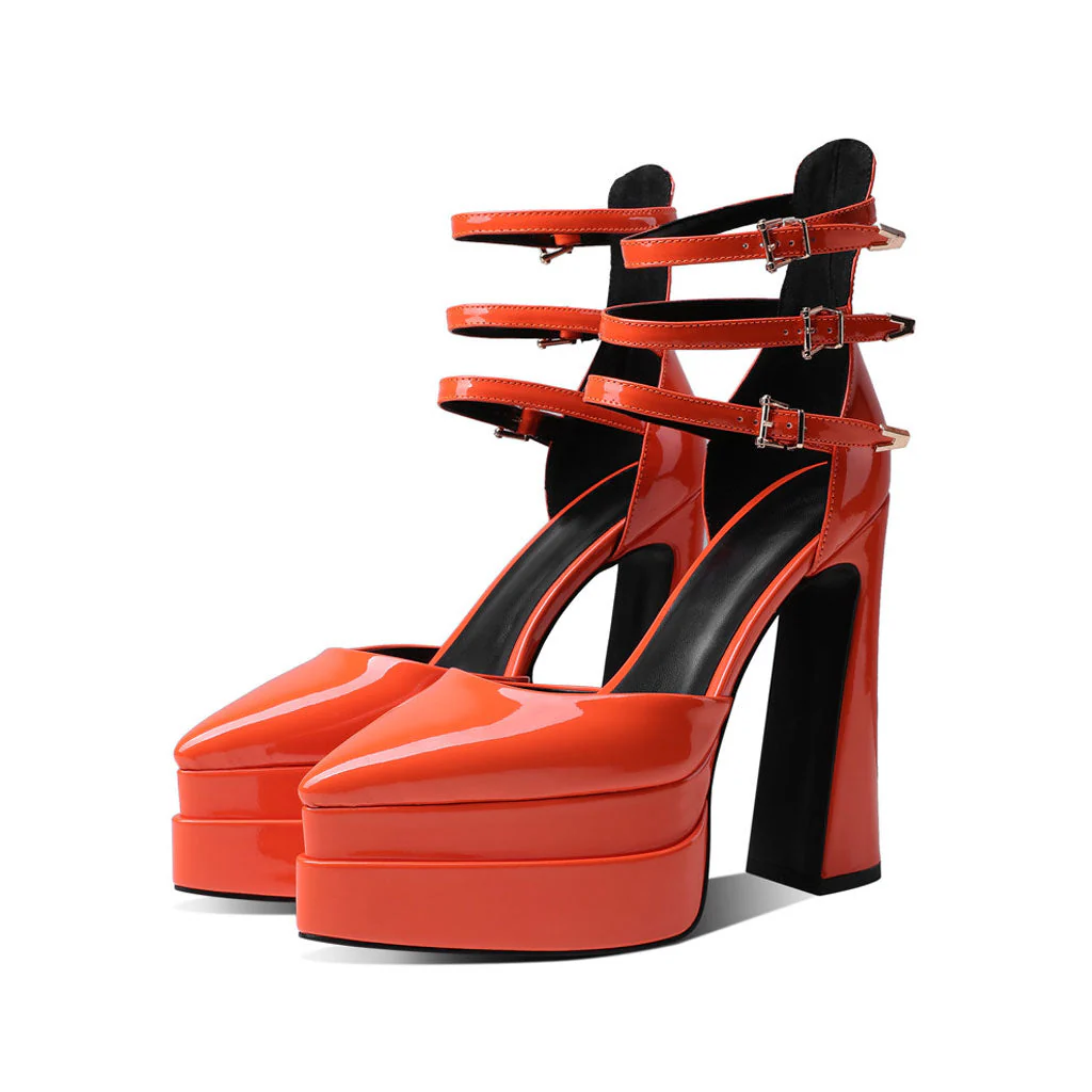 Glossy Pointed Toe Platform Block Heel Ankle Strap Pumps - Orange - Image 3