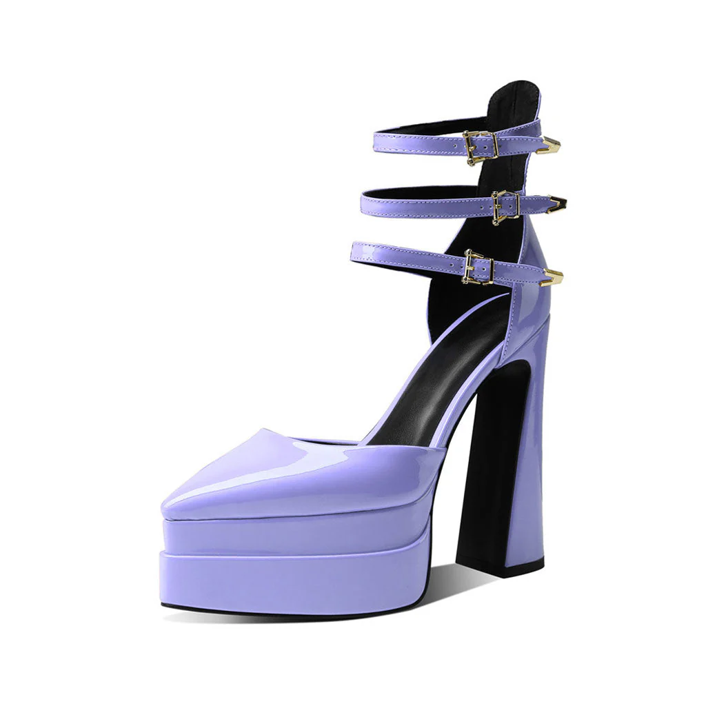 Glossy Pointed Toe Platform Block Heel Ankle Strap Pumps - Purple - Image 2