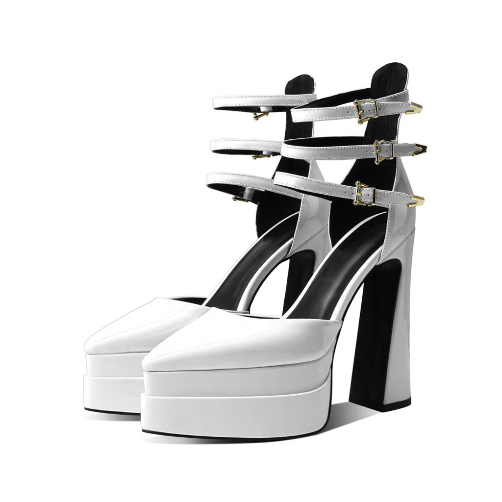 Glossy Pointed Toe Platform Block Heel Ankle Strap Pumps - White - Image 2