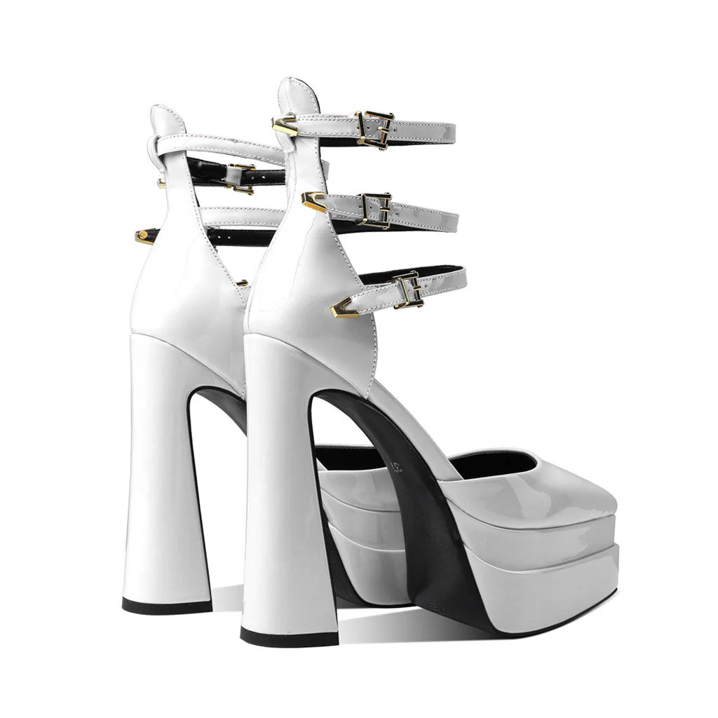 Glossy Pointed Toe Platform Block Heel Ankle Strap Pumps - White - Image 3