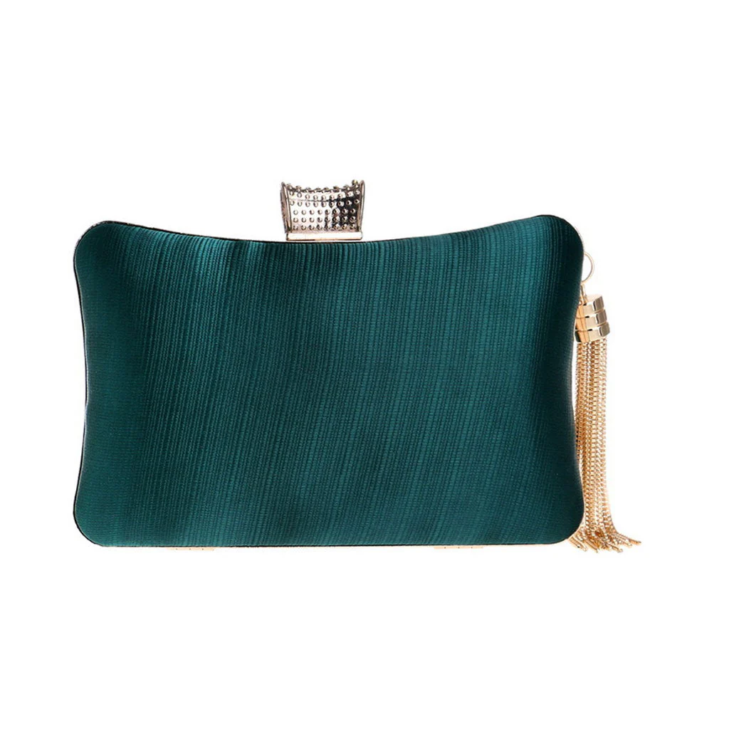 Glossy Rhinestone Embellished Fringe Braided Satin Clutch - Emerald Green - Image 2