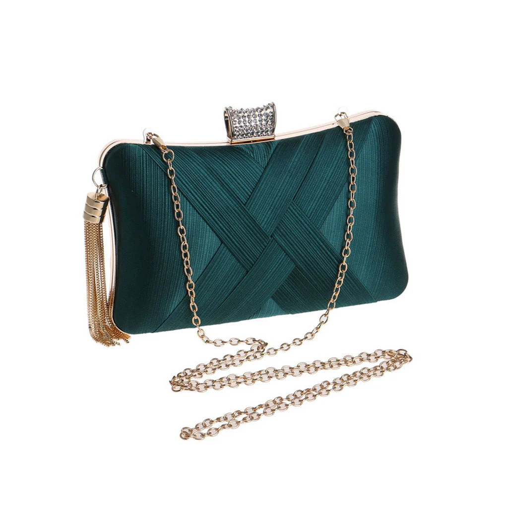 Glossy Rhinestone Embellished Fringe Braided Satin Clutch - Emerald Green - Image 3