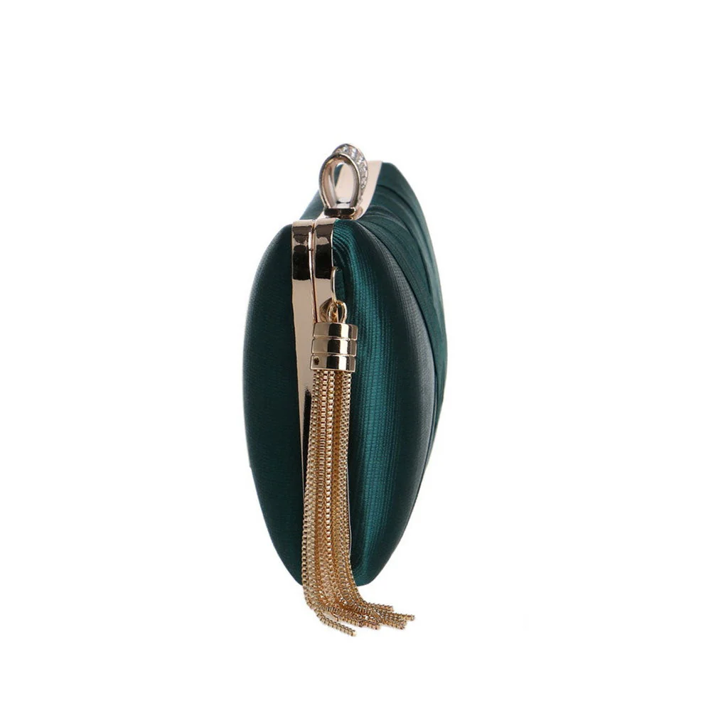 Glossy Rhinestone Embellished Fringe Braided Satin Clutch - Emerald Green - Image 4