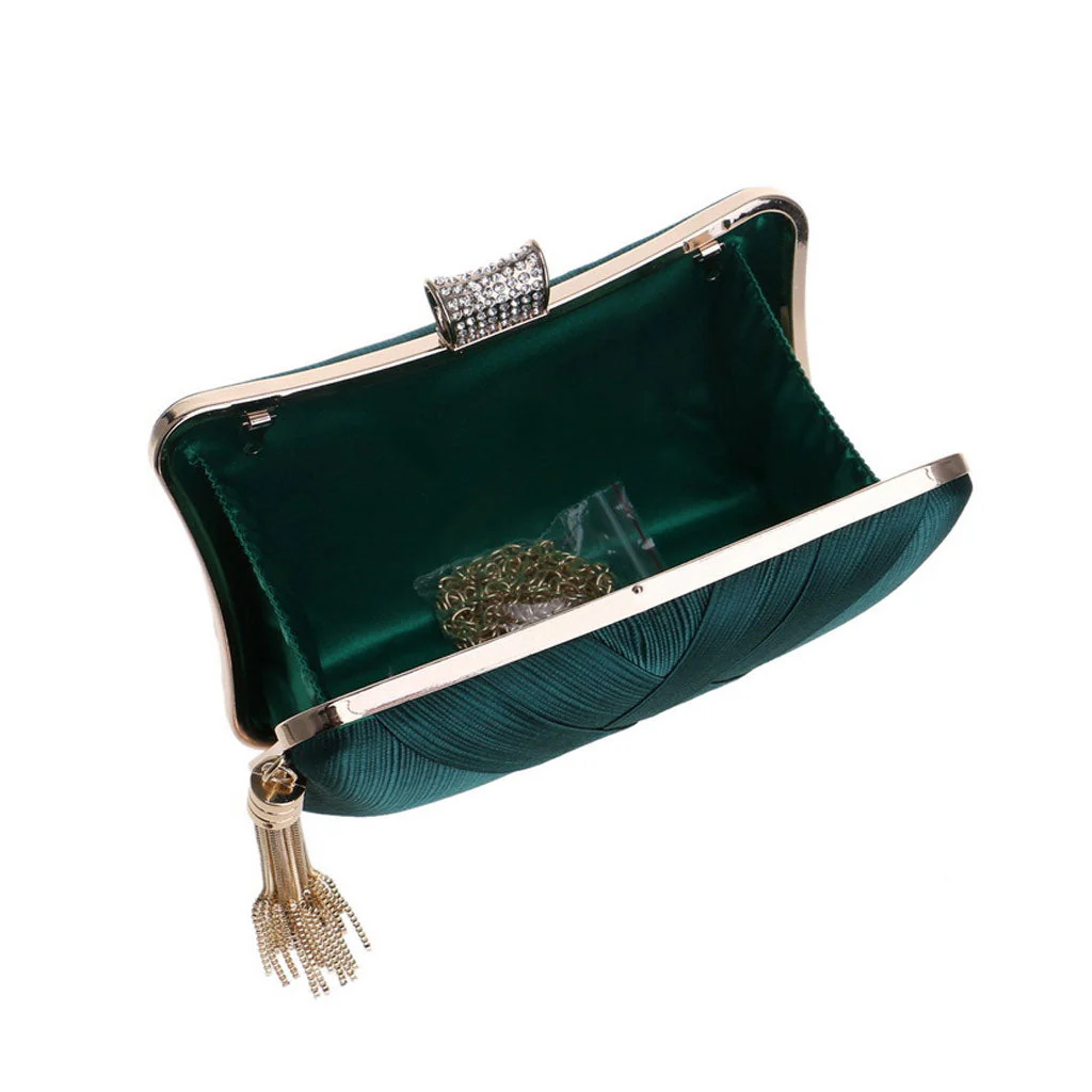 Glossy Rhinestone Embellished Fringe Braided Satin Clutch - Emerald Green - Image 5
