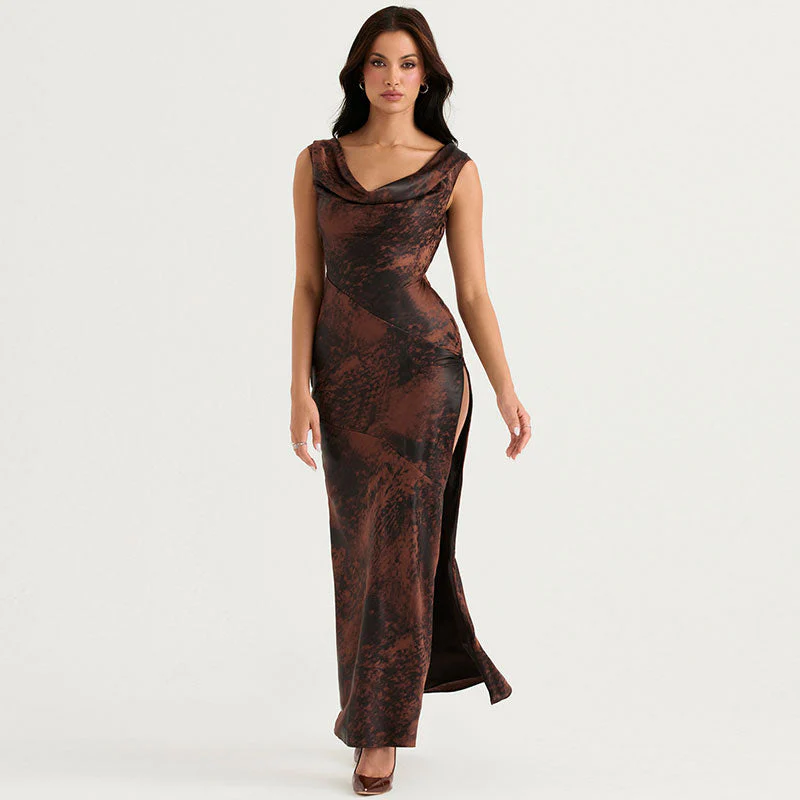 Glossy Satin Abstract Print High Split Cowl Neck Sleeveless Maxi Dress - Brown - Image 2