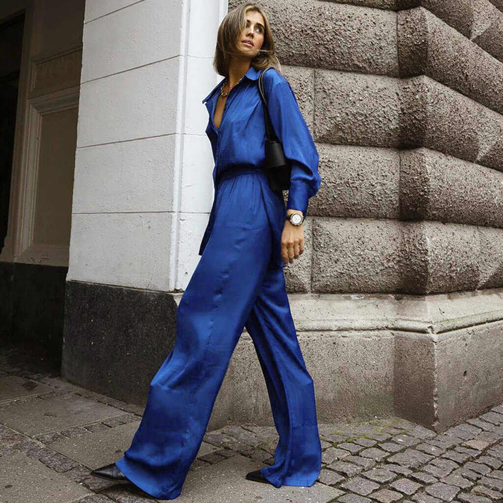 Glossy Satin Blouse Wide Leg Pant Matching Set - Royal Blue - Image 2