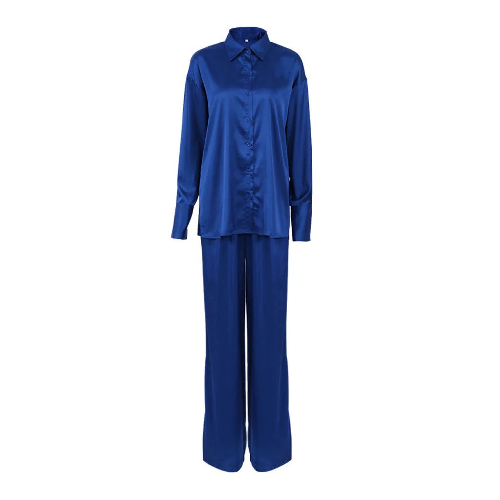 Glossy Satin Blouse Wide Leg Pant Matching Set - Royal Blue - Image 3