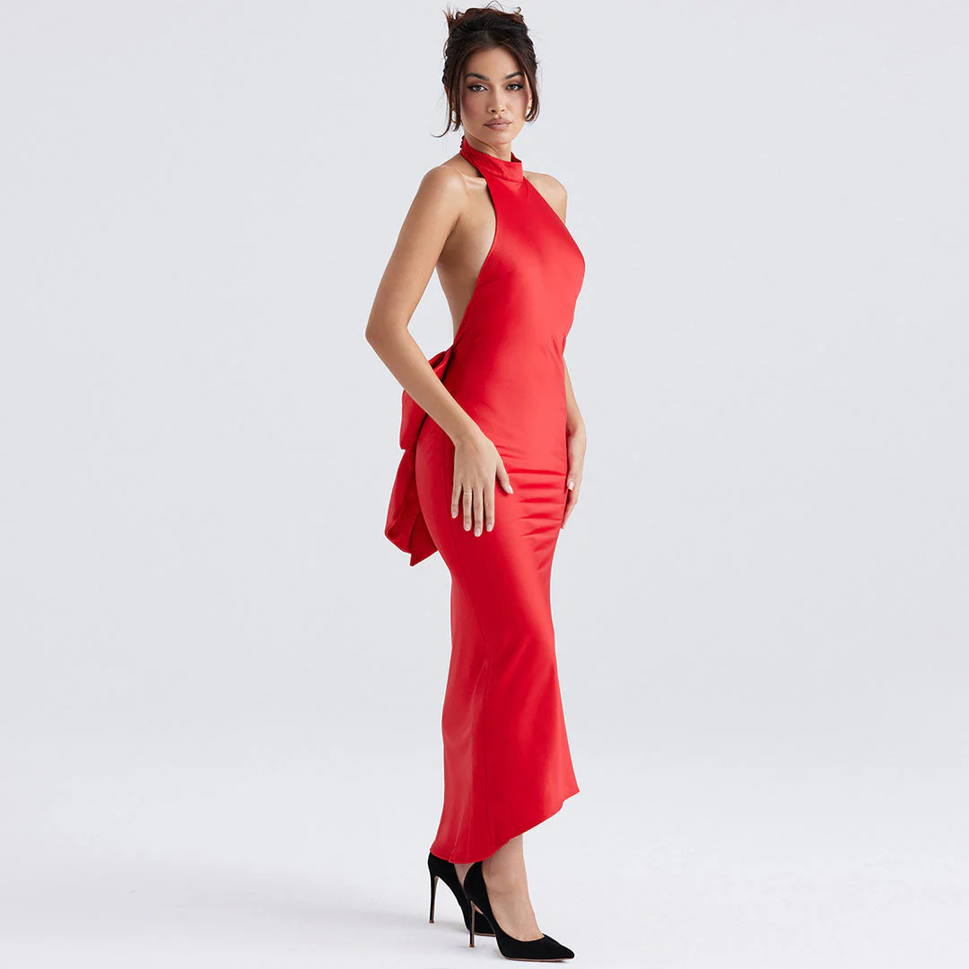 Glossy Satin Bowknot Fishtail Sleeveless Backless Evening Maxi Dress - Red - Image 2