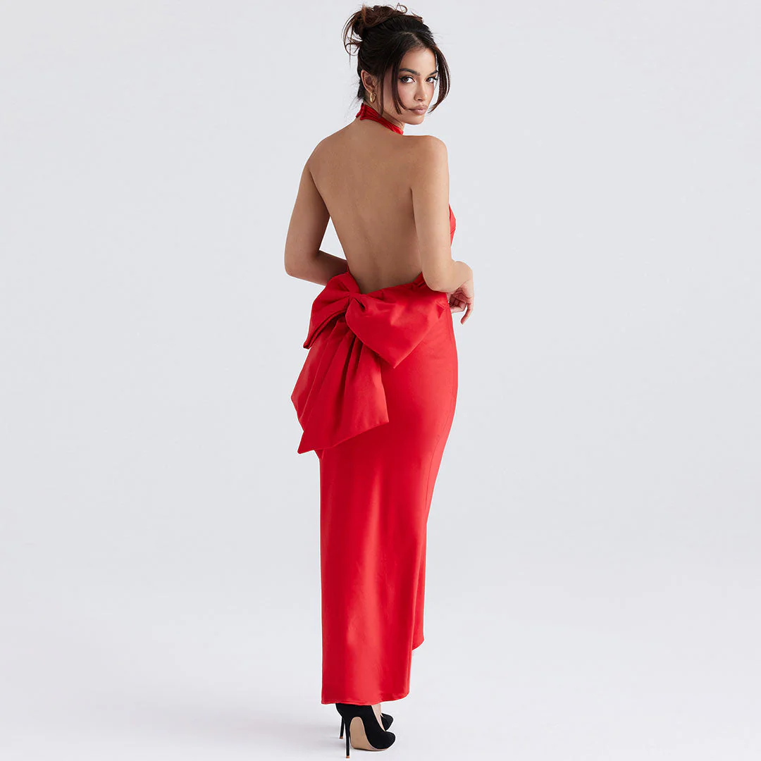 Glossy Satin Bowknot Fishtail Sleeveless Backless Evening Maxi Dress - Red - Image 3