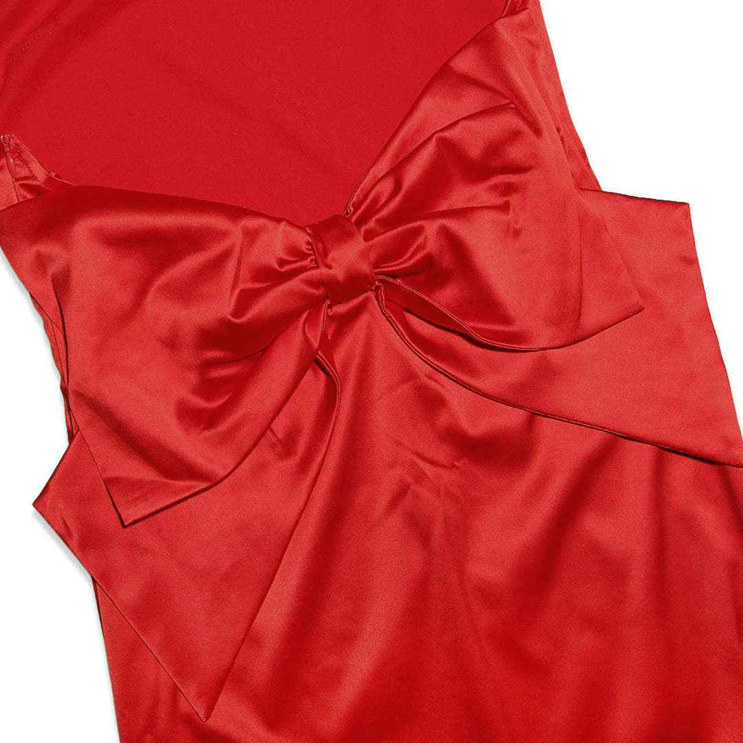 Glossy Satin Bowknot Fishtail Sleeveless Backless Evening Maxi Dress - Red - Image 4