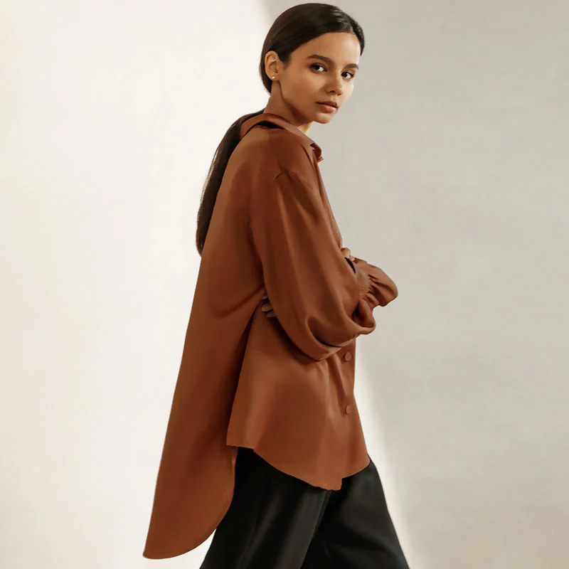 Glossy Satin Button Up Drop Shoulder Bishop Sleeve Pointed Collar Shirt - Brown - Image 2