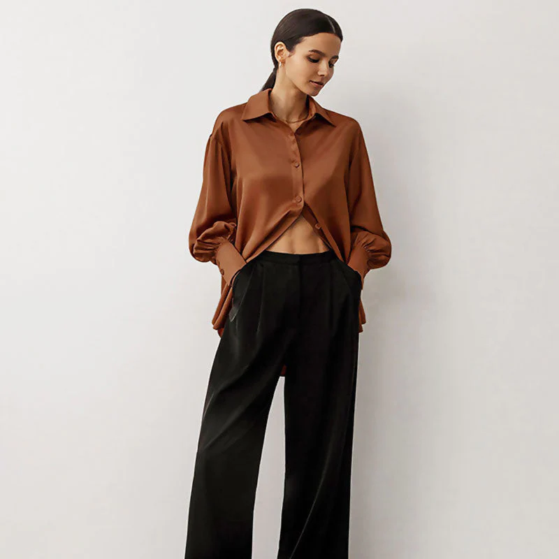 Glossy Satin Button Up Drop Shoulder Bishop Sleeve Pointed Collar Shirt - Brown - Image 3