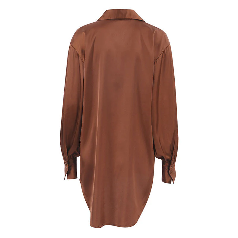 Glossy Satin Button Up Drop Shoulder Bishop Sleeve Pointed Collar Shirt - Brown - Image 4