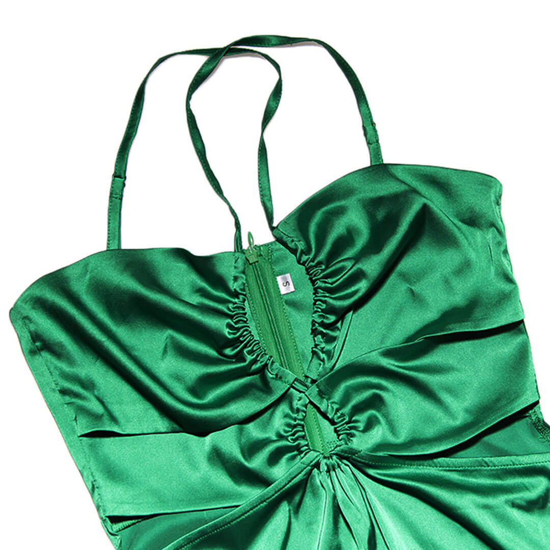 Glossy Satin Crisscross Trim Ruched Cut Out Sleeveless Slit Gown Maxi Dress - Green - Image 4