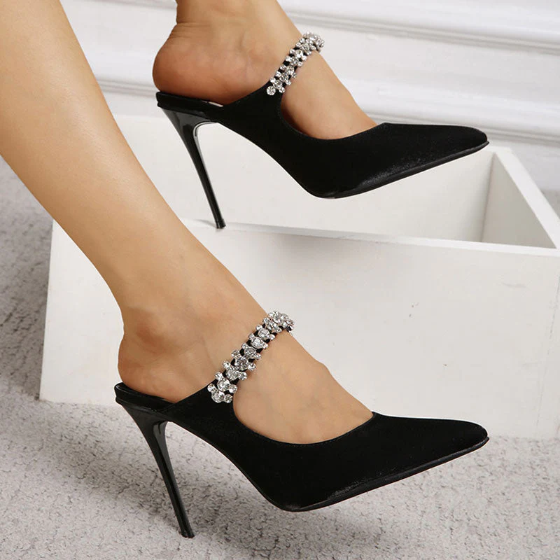 Glossy Satin Crystal Embellished Strap Pointed Toe High Heel Pumps - Black - Image 2