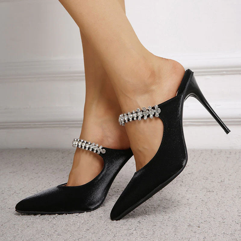 Glossy Satin Crystal Embellished Strap Pointed Toe High Heel Pumps - Black - Image 3