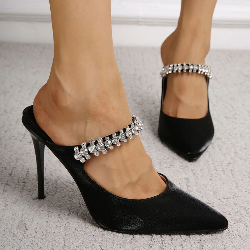 Glossy Satin Crystal Embellished Strap Pointed Toe High Heel Pumps - Black - Image 4