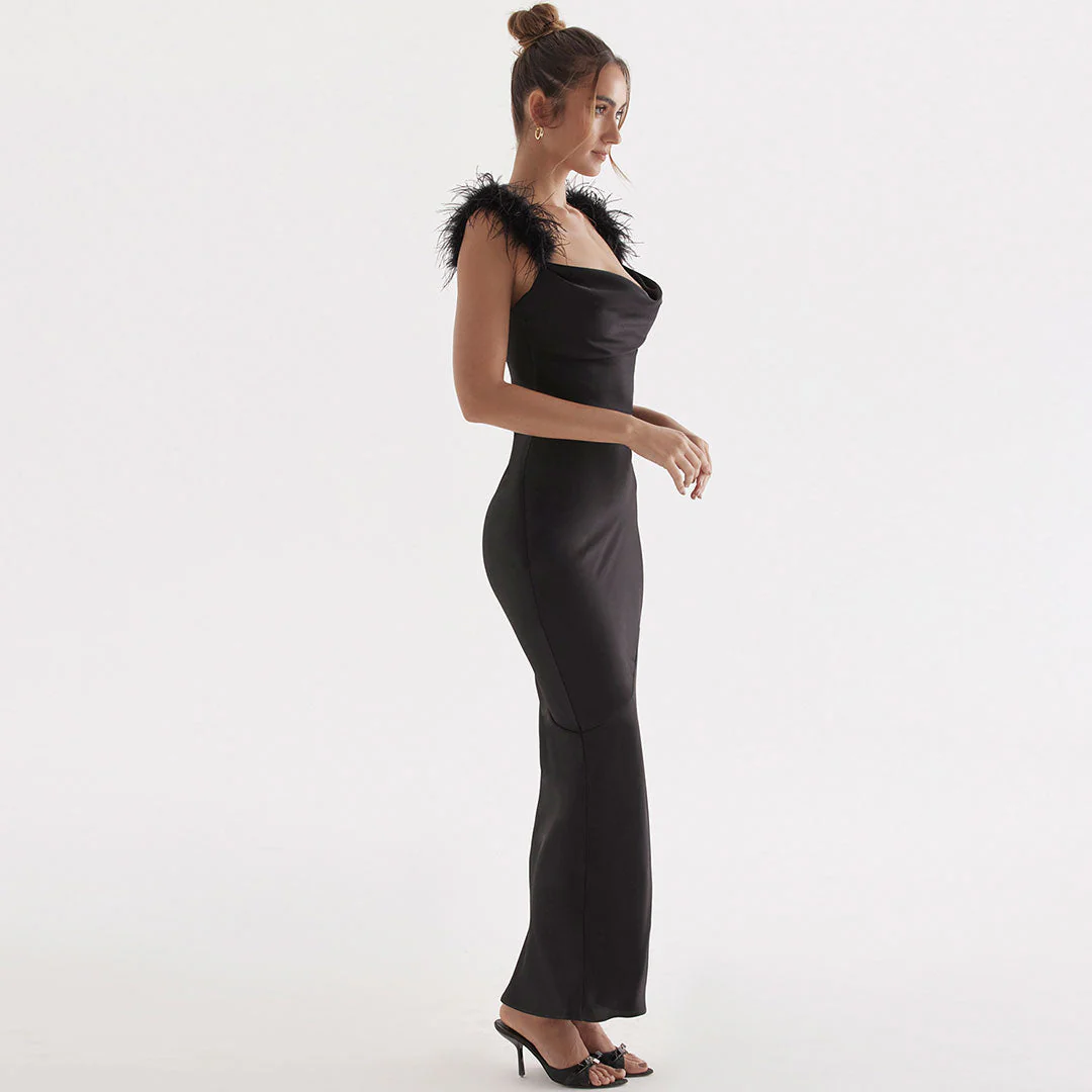 Glossy Satin Faux Feather Trim Cowl Neck Sleeveless Gown Maxi Dress - Black - Image 2