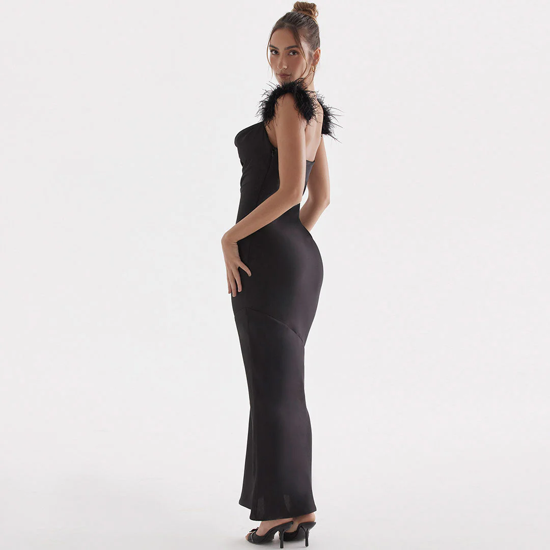 Glossy Satin Faux Feather Trim Cowl Neck Sleeveless Gown Maxi Dress - Black - Image 3