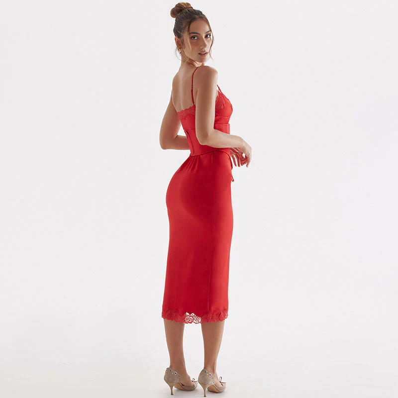 Glossy Satin Fishtail Lace Up Belted Lace Trim Bodycon Slip Midi Dress - Red - Image 3