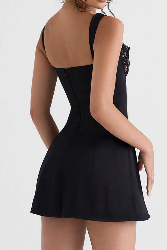 Glossy Satin Floral Lace Tie Front Sleeveless Mini Dress - Black - Image 5