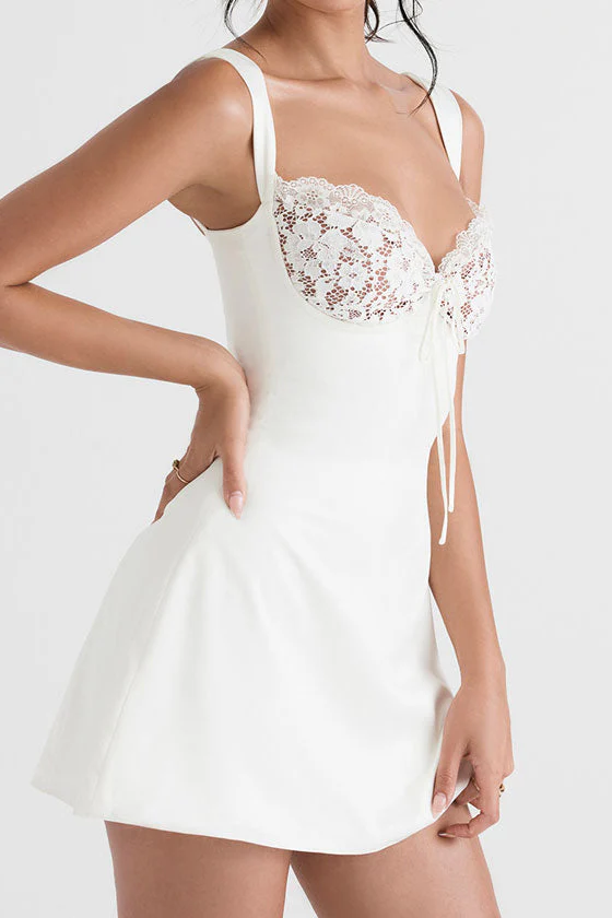 Glossy Satin Floral Lace Tie Front Sleeveless Mini Dress - White - Image 3