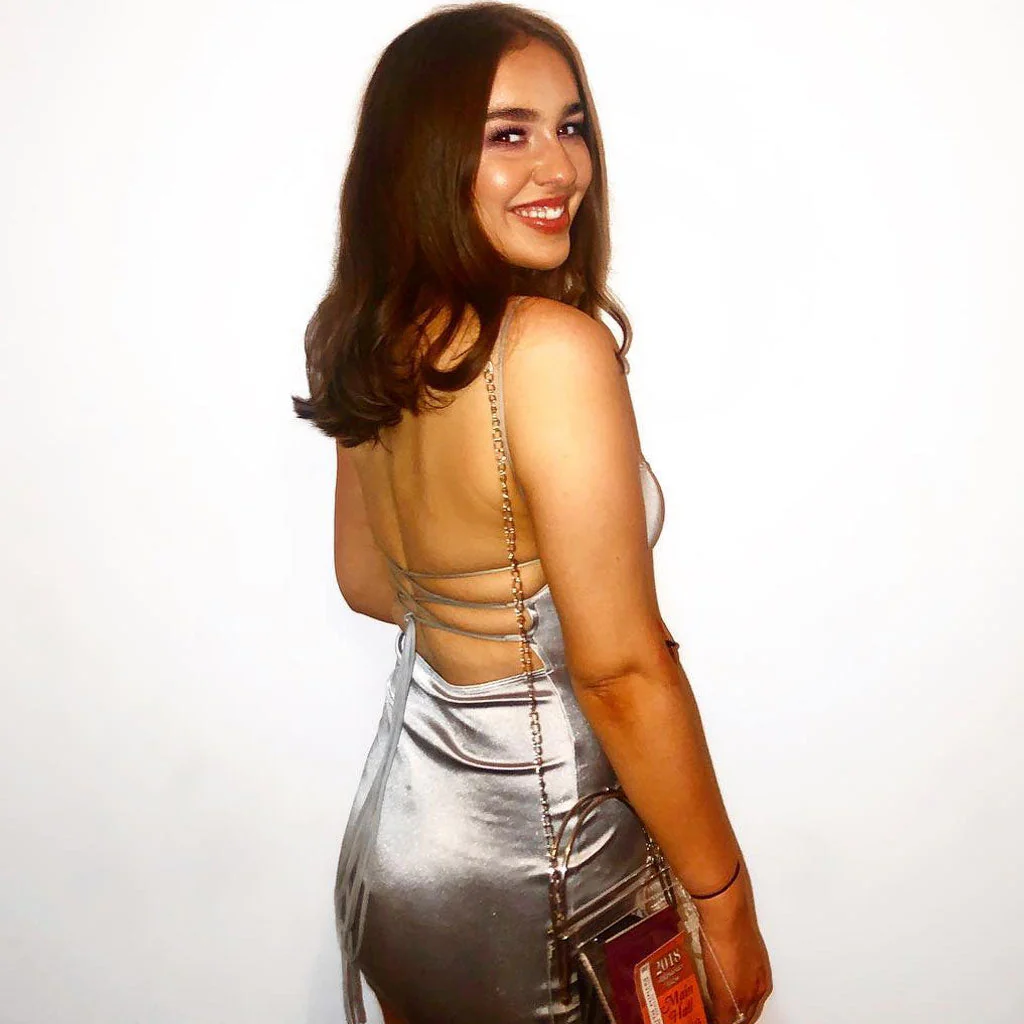 Glossy Satin Floss Strap Bodycon Backless Slip Mini Dress - Silver - Image 3