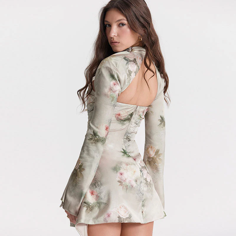 Glossy Satin Flower Print Cutout Ruched Trim Long Sleeve Mini Dress - Floral - Image 3