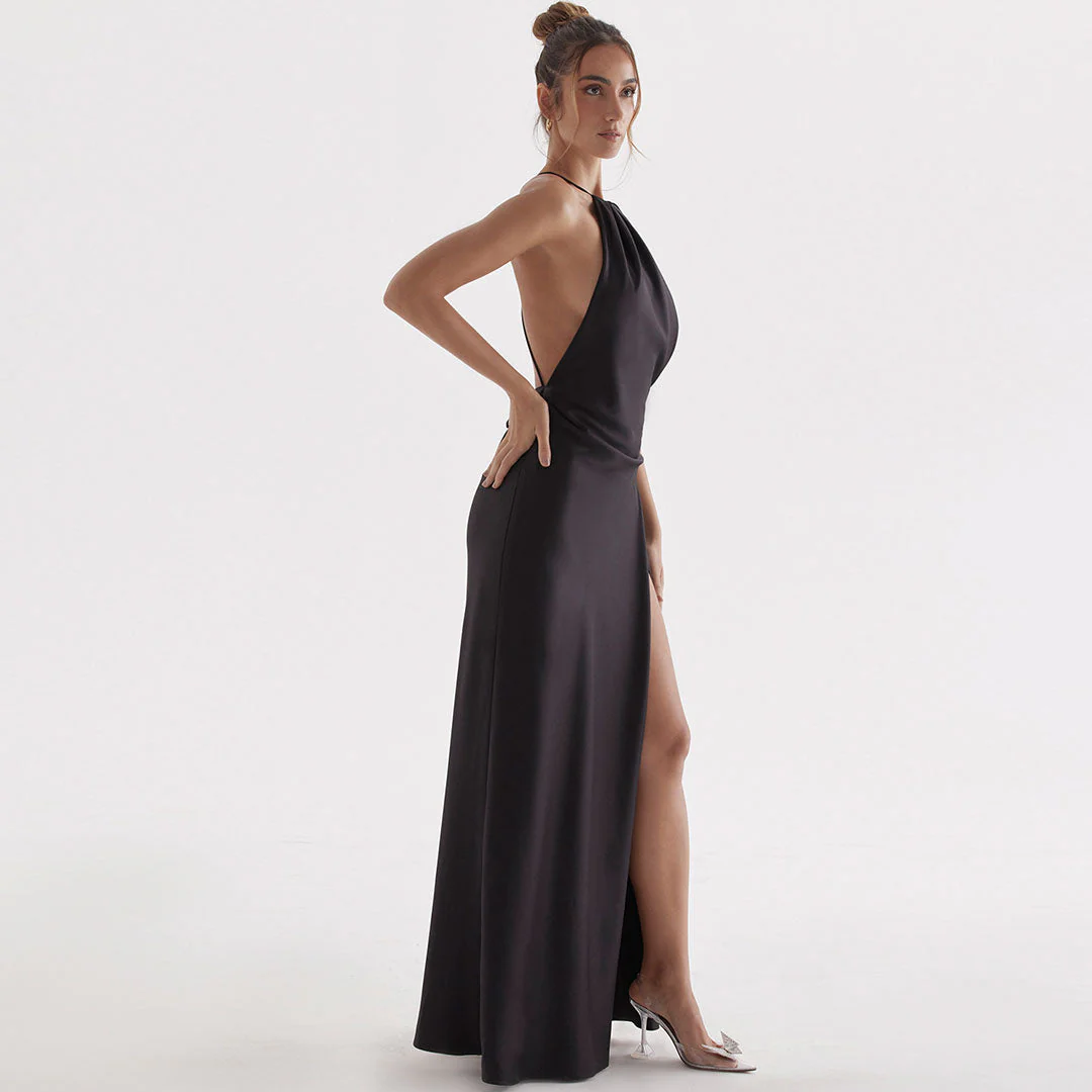 Glossy Satin High Split Sleeveless Backless Evening Maxi Dress - Black - Image 2