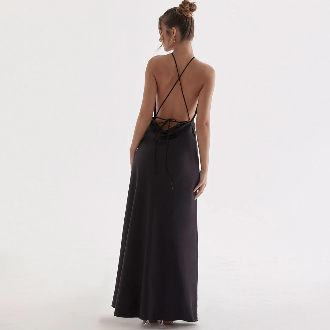 Glossy Satin High Split Sleeveless Backless Evening Maxi Dress - Black - Image 3