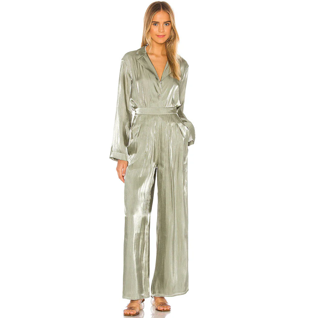 Glossy Satin Long Sleeve Blouse Wide Leg Pant Matching Set - Green - Image 2