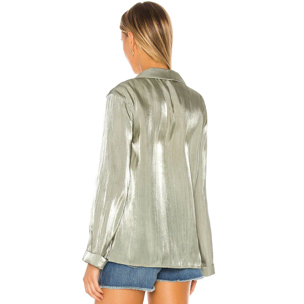 Glossy Satin Long Sleeve Blouse Wide Leg Pant Matching Set - Green - Image 3